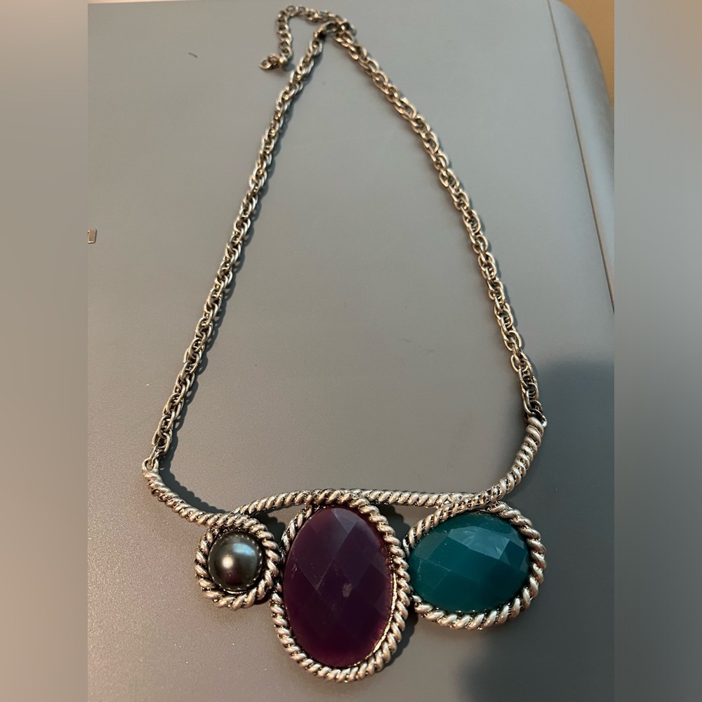 Silver Statement Necklace With Colored Stones - image 3